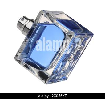 Blaues Männerparfüm in Flasche isoliert auf weiß Stockfoto