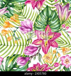 Tropisches Aquarellmuster mit Blumen, Palmblättern und Monstera. Aquarell nahtloses botanisches Muster mit Freesie, Magnolie, Lilie für die Gestaltung von Text Stockfoto