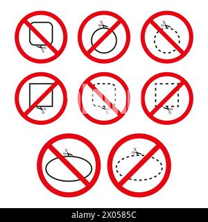 Keine Scheren-Schilder gesetzt. Symbole zum Verbot von Schnitten. Grafiken zu Sicherheitsrichtlinien. Vektorabbildung. EPS 10. Stock Vektor
