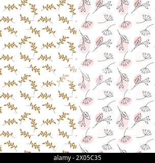 Nahtlose Muster für Herbstzweige und Flecken. 2er-Set mit abstrakter Hintergrundstruktur in trendigen weichen Tönen. Isolieren Sie das Design-Konzept des EPS-Vektors für Verpackungen, Hintergrundbilder oder Karten, Grußkarten, Poster, Banner Stock Vektor