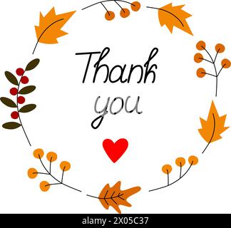 Abstrakter runder Rahmen aus Herbstblättern und Zweigen und handschriftlicher Schrift Vielen Dank mit Herzform Isolate EPS Vector Design-Konzept für Thanksgiving-Grüße oder -Karten, Druck, Hemd, Banner, Poster Stock Vektor