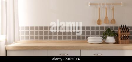 Eine minimalistische Holzküche mit Küchenutensilien und Platz für Präsentationsartikel an der Wand in einer modernen, minimalistischen Küche. Schließen- Stockfoto