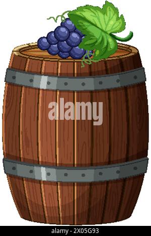 Holzfass mit Reifen Trauben und Blättern darauf. Stock Vektor