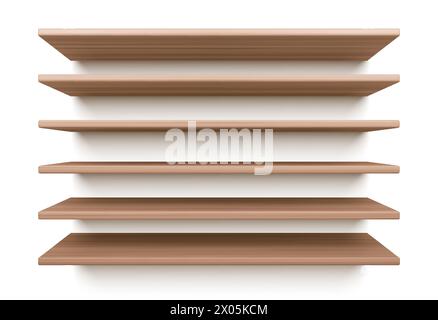 Leeres Wandregal aus Holz für Buch isolierten Vektor. 3D Holzregal für Bibliothek. Produktgestell oder Tisch realistisches Design mit Textur. Ausstellungsfläche mit Schatten für Markthalterwinkel. Stock Vektor