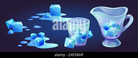 Eiswürfel schmelzen in Wasser Karikatursymbol Illustration. Glasbehälter für gefrorenes quadratisches Eiskau-Clipart-Set. Kaltkrug und -Becher mit flüssigem Pfütze-Element. Wissenschaftliches Experiment mit dem Gefrierstück Stock Vektor