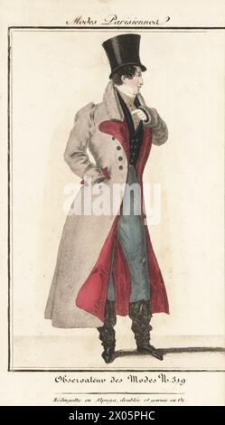 Französischer Dandy mit Hut und Alpaka-Gehrock. Weste, Krawatte, Hose und weiche Kavallerie-Stiefel mit Quasten. Redingote en Alpuga, doublee et garnie en OS. Handkolorierter Kupferstich der französischen Modezeitschrift Observateurs des Modes, Nr. 319, im Journal des Dames et des Modes, Dezember 1823. Stockfoto