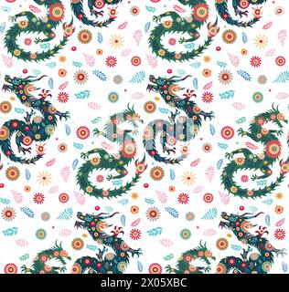 Dekorative Blumen und Drachen-Silhouette, Blumenmuster im Retro-Stil. Stock Vektor