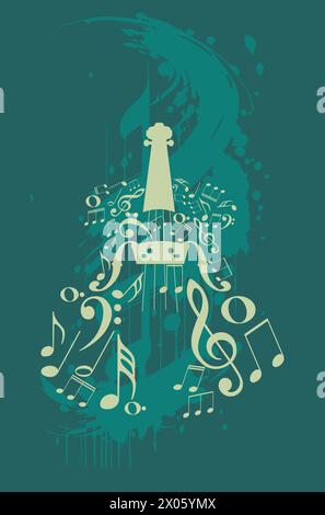 Vintage-Geige mit Noten und Grunge-Farbspritzer. Stock Vektor