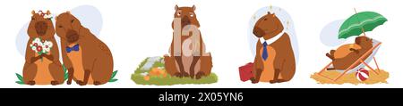 Niedliche Capybara-Figuren, tägliche Routine, schöne Aufkleber Set Stock Vektor