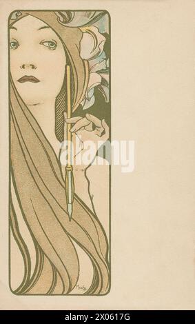 Frau mit Bleistift, Jugendstil - Illustration von Alphonse Mucha Stockfoto