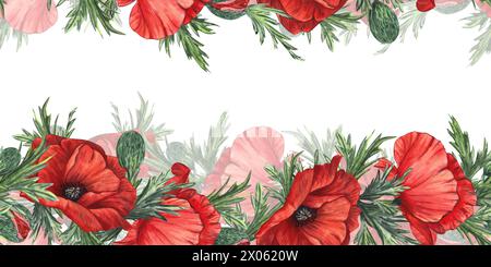 Rote Mohnblumen mit Knospen und Blättern. Handgezeichnete Aquarellillustration für die Gestaltung von Souvenirs, Karten, Plakaten, Bannern. Nahtloser Rand isoliert fr Stockfoto