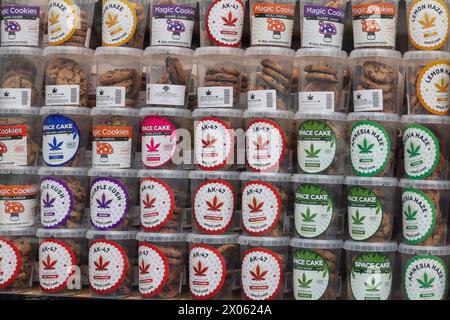 Amsterdam, Niederlande - 21. April 2023: Eine Auswahl an Cannabis-Cookies in einem Schaufenster in Amsterdam, Niederlande Stockfoto