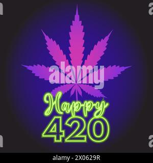 Happy 420 Banner oder Grußkarte. Gras Day Holiday Konzept. Neonviolettes Hanf-Marihuanablatt auf dunklem Nachthintergrund. Moderne Vektorillustration Stock Vektor