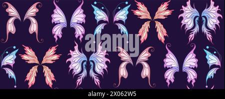 Vektor nahtloses Neonmuster mit Schmetterlingsflügeln auf einem lila Hintergrund. Magische Textur mit Feenflügeln für Stoffe und Tapeten Stock Vektor
