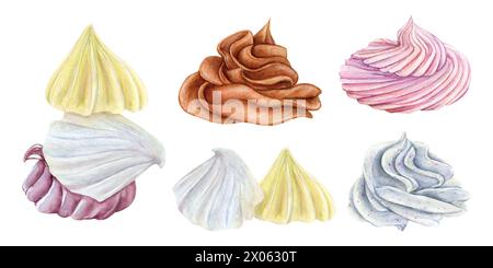 Creme-Meringue-Zeichensatz mit Wasserfarben. Schokoladen-Vanille-Fruchtmousse-Schaumstoff. Bäckerei süßes leckeres Eis Dessert Illustration. Geburtstag Stockfoto