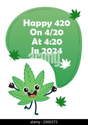 Happy 420 Grußkarte, Banner. Internationaler Gras-Tag am 20. April 2024 lustiges süßes Design mit Text, Datum und Uhrzeit Stock Vektor