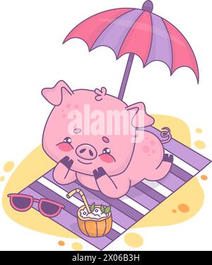 Fröhliche Ferkel Sonnenbaden auf Strandtuch unter Sonnenschirm mit Kokos-Sommer-Cocktail. Lustiger entspannender Tiercharakter. Vektorabbildung Stock Vektor