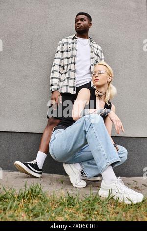 Ein multikulturelles Paar sitzt glücklich zusammen auf dem Boden in der Nähe eines grauen Stadtgebäudes und teilt einen Moment der Verbundenheit und des Zusammenlebens. Stockfoto
