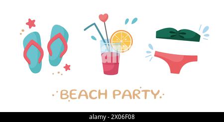 Banner für Strandparty. Niedliche Sommer-Ikonen-Kollektion. Sommerzeitelemente. Symbole für Strandspiele. Strandurlaube Elemente. Illustration des Zeichentrickvektors. Flaches Design. Stock Vektor