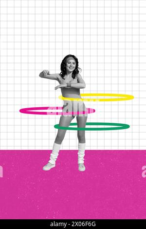 Kreative Trendcollage aus Retro-weiblichem rotierendem Hulahoop sportlicher Lifestyle-Übung Üben des Workouts seltsamer Freak bizarrer ungewöhnlicher Fantasie Stockfoto