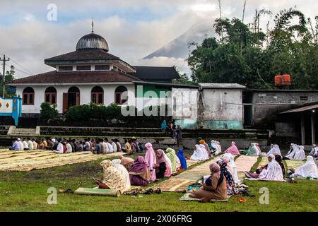 Sleman, Yogyakarta, INDONESIEN. April 2024. Muslime beten Eid al-Fitr auf den Hängen des Mount Merapi, Sleman, Yogyakarta, Indonesien, Mittwoch, April 2024. (Kreditbild: © Antonius Jagad SR/ZUMA Press Wire) NUR REDAKTIONELLE VERWENDUNG! Nicht für kommerzielle ZWECKE! Stockfoto