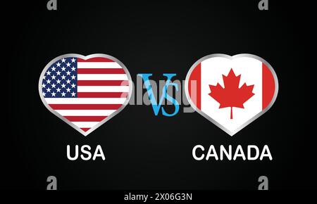 USA VS Canada, Cricket-Match-Konzept mit kreativer Illustration der Flagge der Teilnehmerländer Schlagmann und Herzen isoliert auf schwarzem Hintergrund Stock Vektor