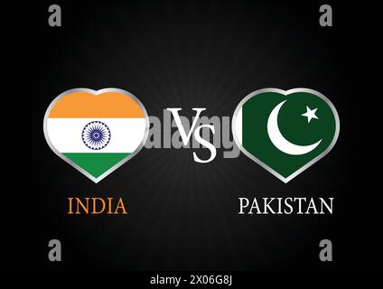 Indien gegen Pakistan, Cricket Match Konzept mit kreativer Illustration der Flagge der Teilnehmerländer Schlagmann und Herzen isoliert auf schwarzem Hintergrund. Stock Vektor