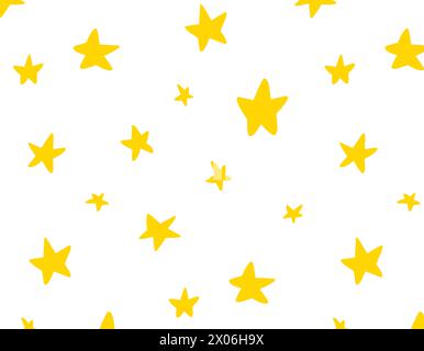 Nahtloses abstraktes Muster gelber Sterne von der Seite. Gezeichnete Sterne auf weißem Hintergrund. COSMOS-Technologie für Papier, Verpackungen und Stoffe. Stock Vektor