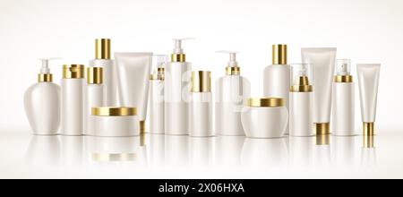 Kosmetikprodukte Behälter mit goldenen Kappen realistische Vektor-Illustration Set. Nachfüllbare Kunststoffverpackungen mit 3D-Objekten auf weißem Hintergrund Stock Vektor