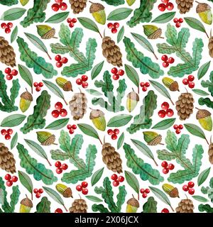 Nahtloses Muster mit Tannenzweigen, Kegeln, Eicheln und roten Beeren. Handgezeichnetes weihnachtspapier. Waldelemente auf weißem Ba Stockfoto