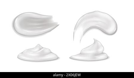 Cremeausstrich-Set. Natürliches feuchtigkeitsspendendes Creme-Gel für die Hautpflege. Realistische 3D-Textur kosmetische Punktmilch- oder Sonnenschutztextur. Vektorabbildung glätten Stock Vektor
