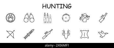 Symbol für Verfolgungsgruppe. Bärenpfotenabzeichen, Gewehr, Bogen, Hirsch, Haut, Messer, Kugel, Hörner, Fadenkreuz, Visier, Fernglas, Silhouette, Mann, Ente, Jagdkonzept. Stock Vektor
