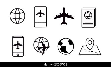 Symbolgruppe „Reise“. Vektorgrafik in Schwarzweiß, isolierte Darstellung von fahrungsbezogenen Symbolen Stock Vektor