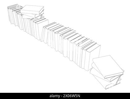 Umrisse vieler Bücher, die in einer Reihe stehen. Bücher stapeln minimalistische Vektor-Illustration Design auf weißem Hintergrund. Isolierte einfache Linie, moderne grafische Stk Stock Vektor