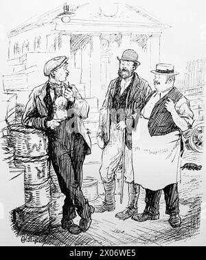 The Thin End of the Veg, Unattributed Illustration, 27. August 1924, bezogen auf Streikaktionen der Covent Garden Porters. Foto von einer Strichzeichnung, die ursprünglich 1924 in der Zeitschrift Punch and London Charivari gedruckt wurde. Dies ist ein gutes Beispiel für die geschickten Künstler und den Humor und die Satire der damaligen Zeit. Stockfoto