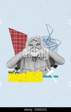 3D Retro kreative Artwork Vorlage Collage des glücklichen lächelnden alten Mannes, der Spaß hat, Arme Fernglas isoliert graue Farbe Hintergrund zu zeigen Stockfoto