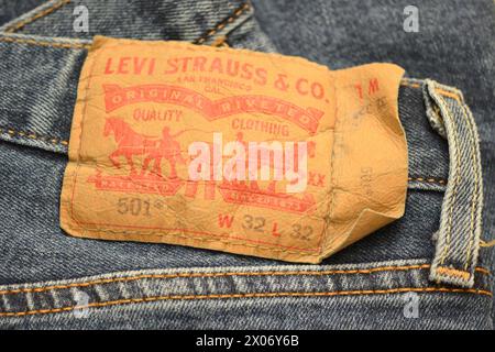 Levi Strauss 501 Original Jeans Lederetikett mit Nahaufnahme Stockfoto