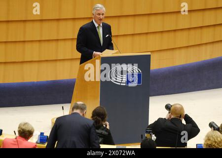 Brüssel, Belgien April 2024. König Philippe von Belgien spricht auf der Plenartagung des Europäischen Parlaments am 10. April 2024 in Brüssel. Quelle: ALEXANDROS MICHAILIDIS/Alamy Live News Stockfoto