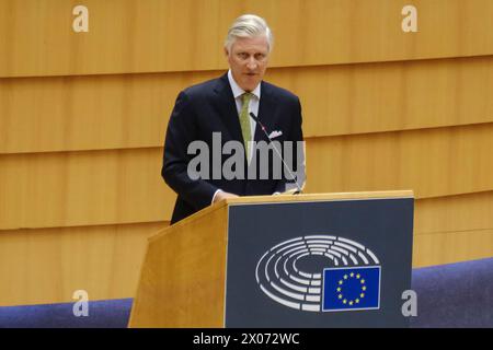 Brüssel, Belgien April 2024. König Philippe von Belgien spricht auf der Plenartagung des Europäischen Parlaments am 10. April 2024 in Brüssel. Quelle: ALEXANDROS MICHAILIDIS/Alamy Live News Stockfoto