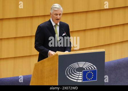 Brüssel, Belgien April 2024. König Philippe von Belgien spricht auf der Plenartagung des Europäischen Parlaments am 10. April 2024 in Brüssel. Quelle: ALEXANDROS MICHAILIDIS/Alamy Live News Stockfoto