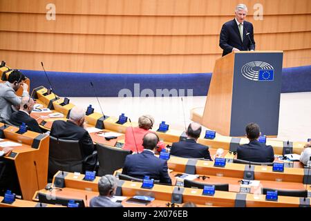 Brüssel, Belgien April 2024. König Philippe - Filip von Belgien hält eine Rede auf einer Plenartagung des Europäischen Parlaments in Brüssel am Mittwoch, den 10. April 2024. Der belgische König wird anlässlich des belgischen Ratsvorsitzes der Europäischen Union vor dem Parlament sprechen. BELGA FOTO LAURIE DIEFFEMBACQ Credit: Belga News Agency/Alamy Live News Stockfoto