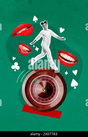 Composite 3D Foto vertikale Collage aus schwarz-weißer Silhouette fröhliche glückliche Dame läuft auf riesigen Casino Roulette Rad große Münder fliegen nahe Stockfoto