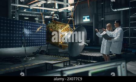 Ingenieur und Techniker, die an der Satellitenkonstruktion arbeiten. Luft- und Raumfahrtbehörde: Ein Team von Wissenschaftlern, das technologische Ausrüstung und Tablet-Computer zur Entwicklung von Raumfahrzeugen für die Weltraumforschung nutzt. Stockfoto