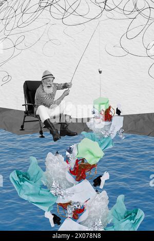Vertikale Fotocollage von Großvater Fischern, die Mikroplastik im Ozean fangen, reduzieren die globale Verschmutzung isoliert auf grauem Hintergrund Stockfoto