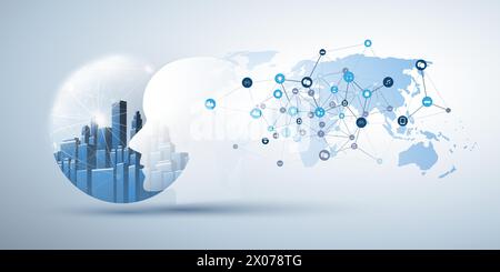 Modernes futuristisches maschinelles Lernen, Künstliche Intelligenz, Cloud Computing, Smart City und IoT-Netzwerke Design-Konzept mit City Inside of a G Stock Vektor