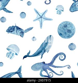 Sea LIFE Aquarell handgezeichnetes blaues monochromatisches nahtloses Muster isoliert auf weiß. Stockfoto