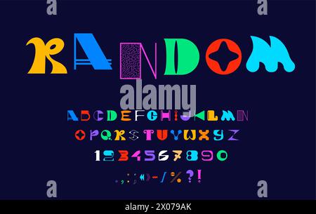 Moderne brutale Schrift, zufällige Fettschrift, ästhetische Schrift, abstrakte Figur englischer Alphabet Vektor Typografie. Buchstaben und Zahlen in zufälliger geometrischer Form, farbenfrohe, brutale Schriftart englischer abc-Zeichen Stock Vektor