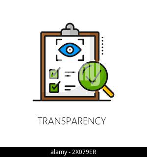 Transparenz Farblinien-Symbol für Klarheit in den Bereichen Business Management und Finanzen. Vektorkontur Zwischenablage der Checkliste für Transparenzberichte und Vergrößerungsglas. Unternehmensethik und Zugang zu Informationen Stock Vektor