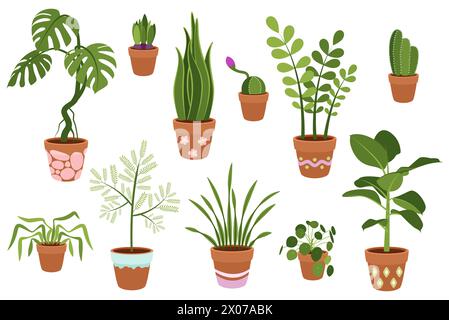 Eine Reihe von Topfpflanzen für den Innenbereich. Vektor auf weißem Hintergrund. Stock Vektor