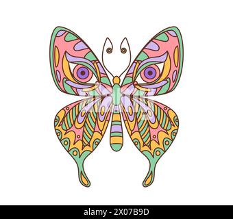 Cartoon Retro Hippie grooviger Schmetterling in 70er Jahre Retro Kunst, Vektor-Symbol. Vintage-Dekorationsdruck aus groovigem Schmetterlingsmachaon mit psychedelischen Farben-Ornament auf Flügeln für flippiges Hippie-Dekor Stock Vektor